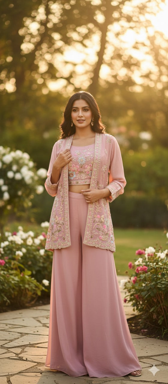 Blush pink designer chinon hand work crop top, plazzo pant and jacket