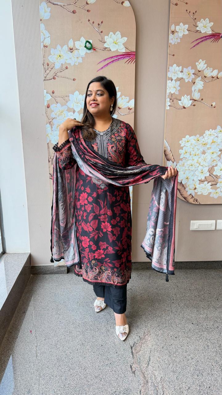 Kashmiri printed pure Mul silk lining suit set in black