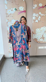 Kashmiri printed pure Mul silk lining suit set in blue