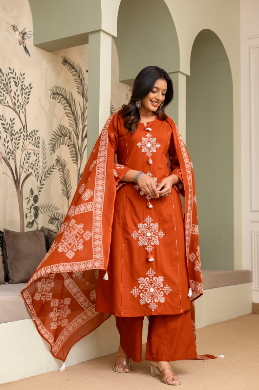 Smart cotton fully embroidered full suit set in rust
