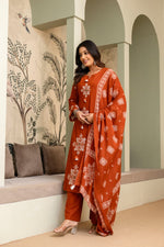 Smart cotton fully embroidered full suit set in rust