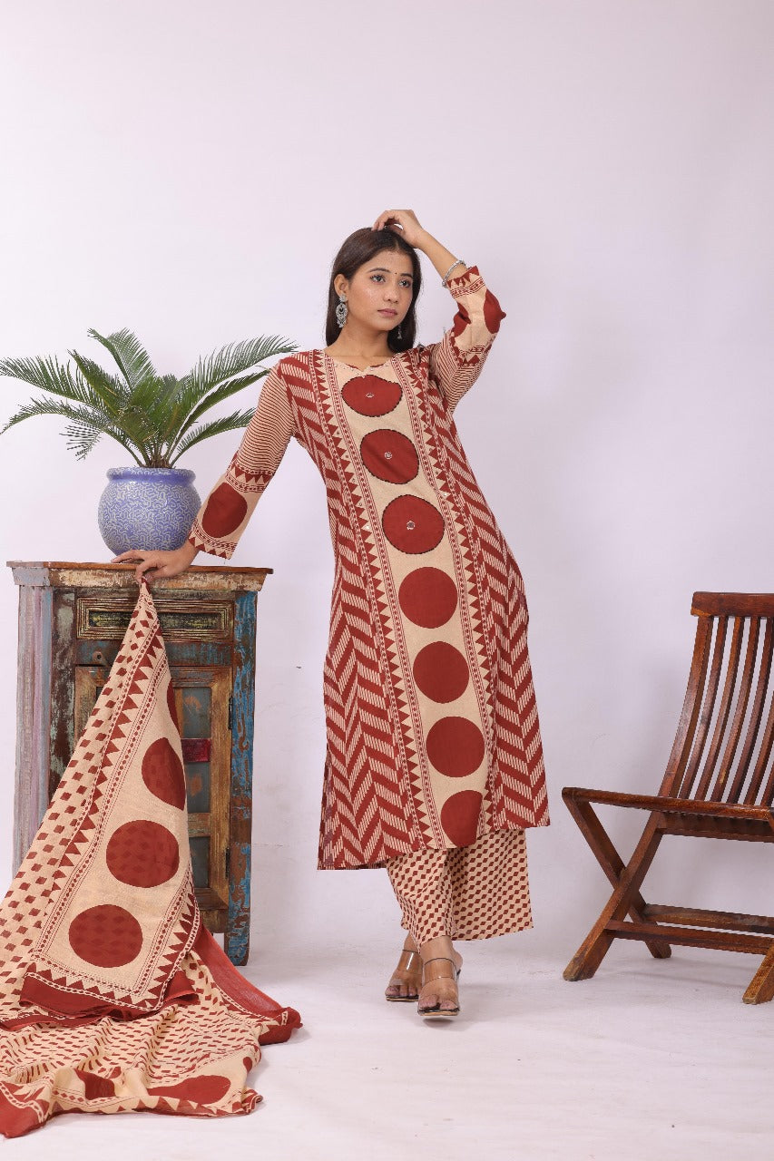 Cotton suit set in brick red