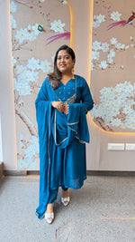 Premium chinon hand work suit set in blue