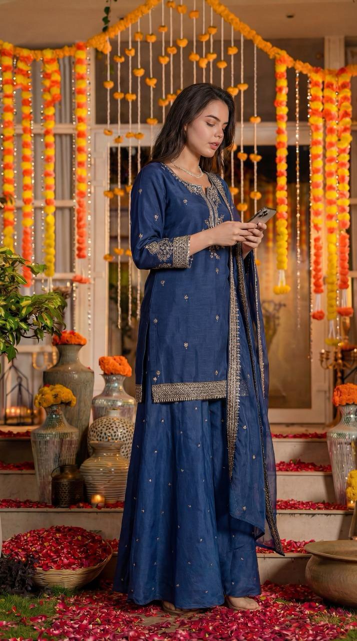 Gorgeous pure silk zari detailing palazzo suit set in blue
