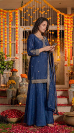 Gorgeous pure silk zari detailing palazzo suit set in blue