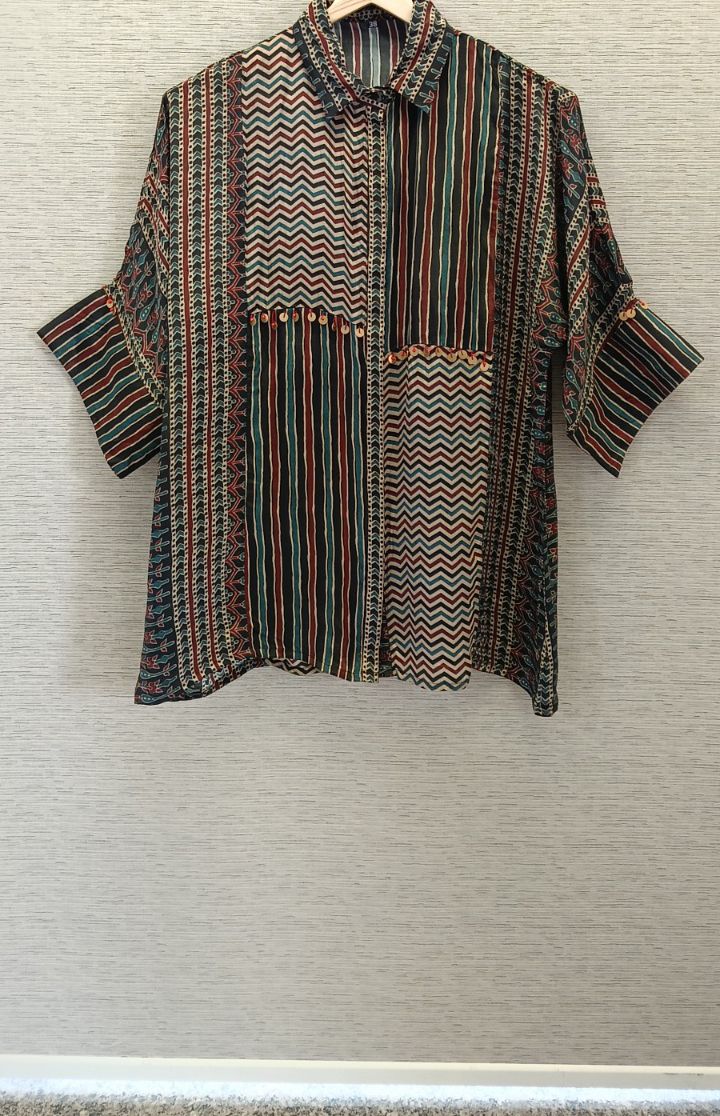 Pure crepe ajrakh designer shirt in black