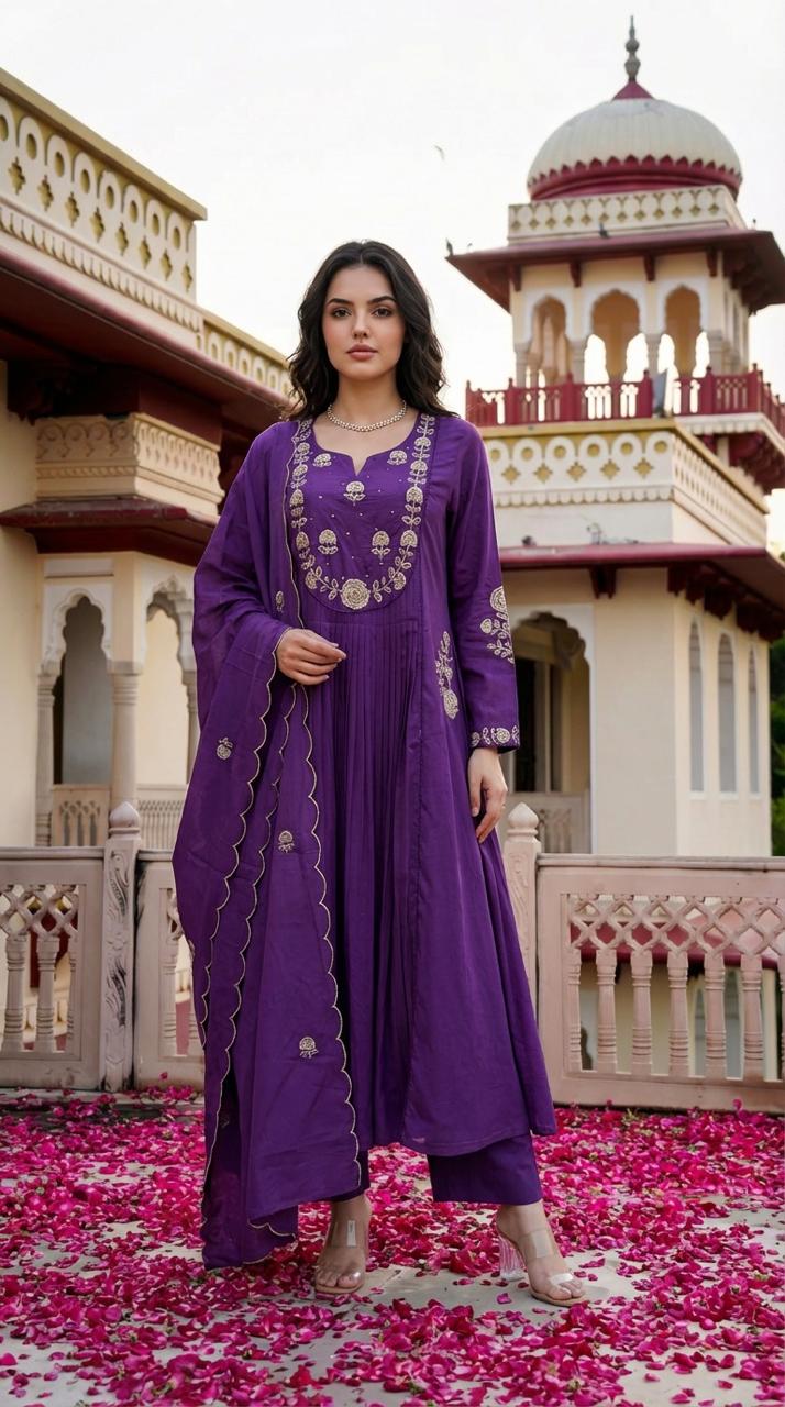 Pure mul cotton Zari detailing suit set in purple