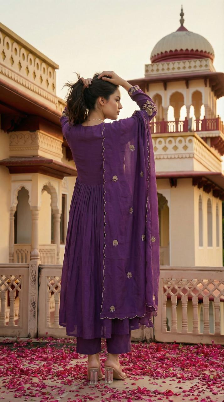 Pure mul cotton Zari detailing suit set in purple