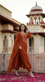 Pure mul cotton Zari detailing suit set in rust