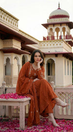 Pure mul cotton Zari detailing suit set in rust