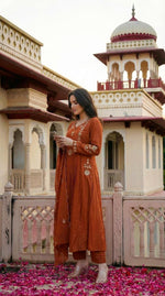 Pure mul cotton Zari detailing suit set in rust