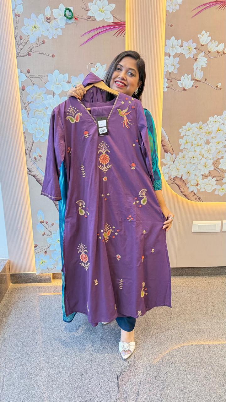 Trending embroidered full suit in purple