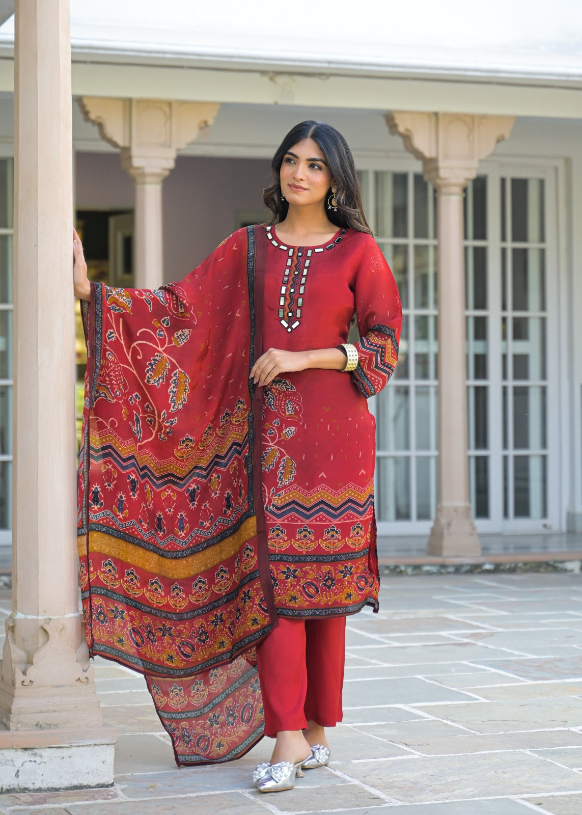 Pure crepe digital printed real mirror lining full suit set in red
