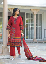 Pure crepe digital printed real mirror lining full suit set in red