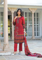 Pure crepe digital printed real mirror lining full suit set in red