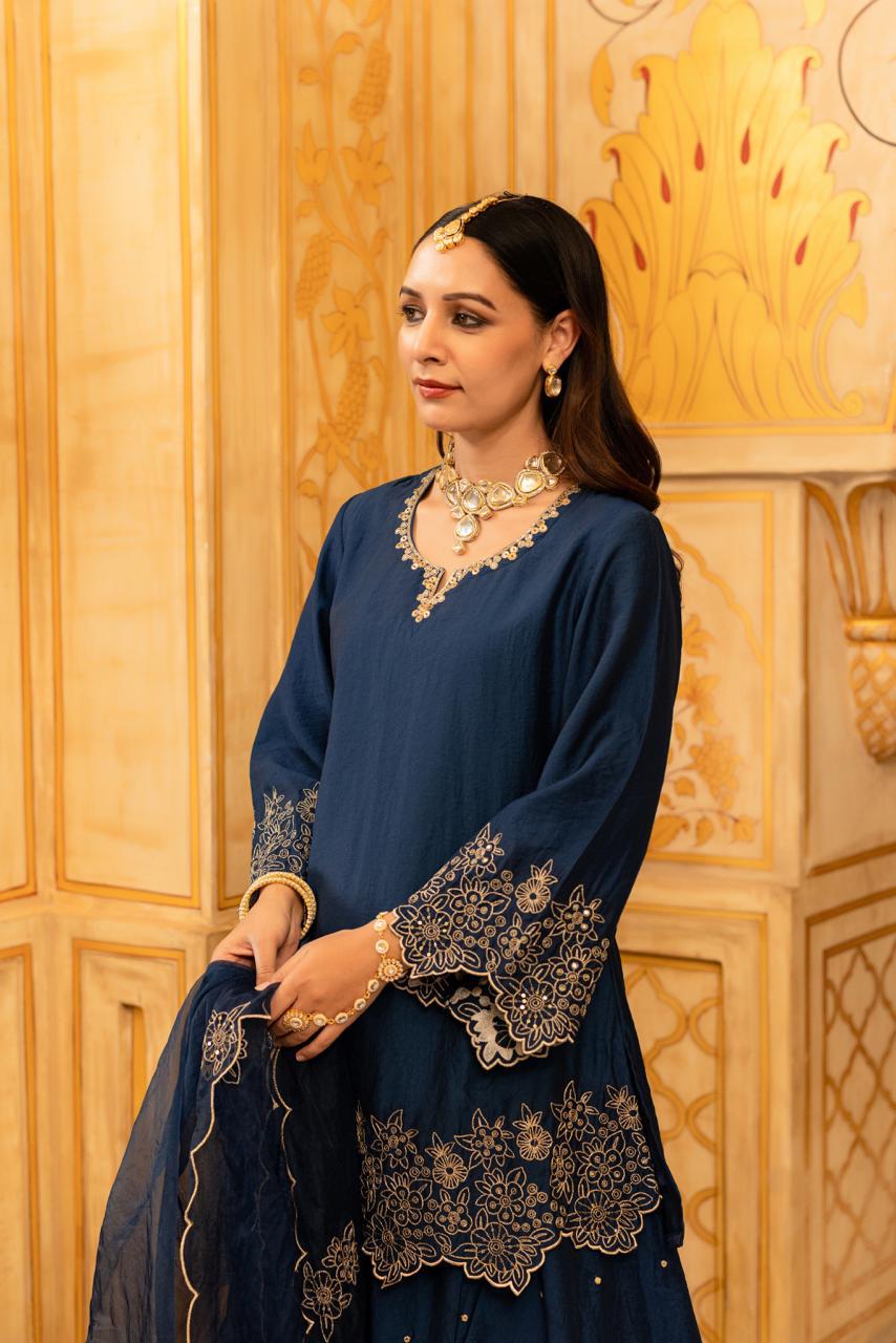 Gorgeous suit back in new colour! Santoori silk dress plazzo set with intricate embroidery