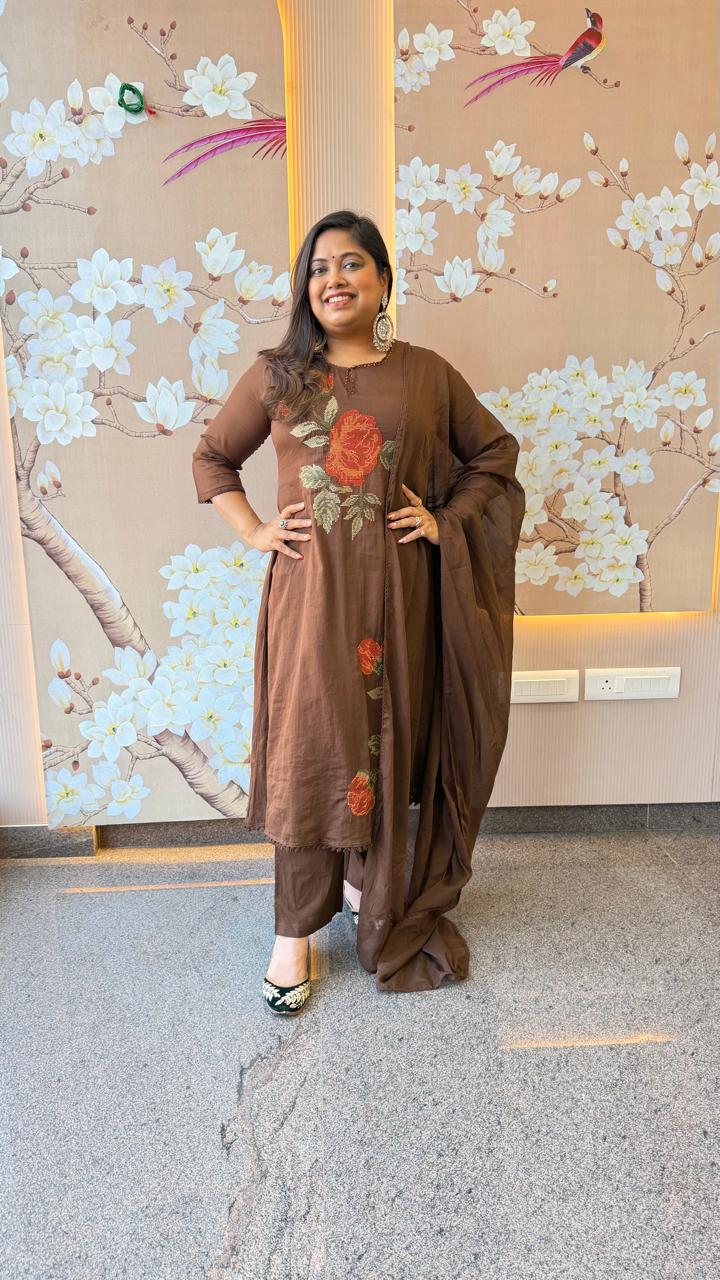 Fully embroidered premium cotton suit set in brown