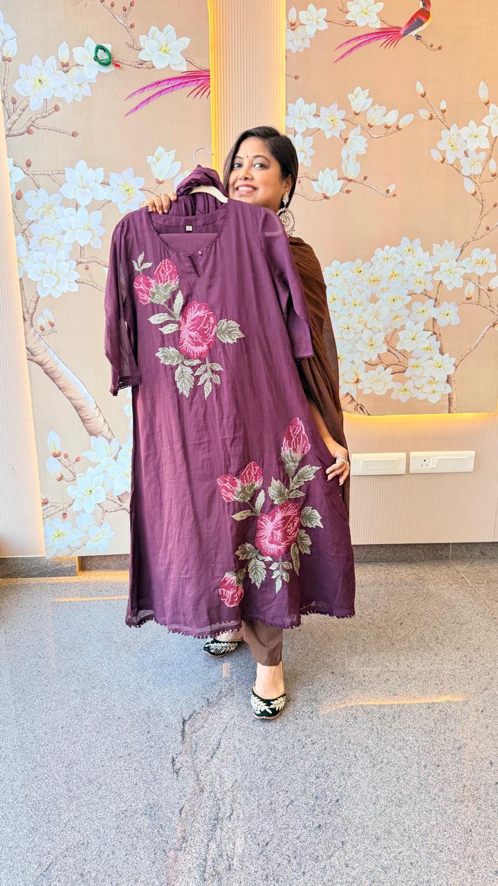 Fully embroidered premium cotton suit set in wine