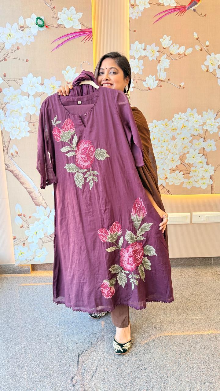 Fully embroidered premium cotton suit set in wine