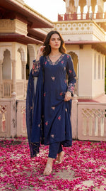 Blue embroidered pure Mul cotton lining suit set