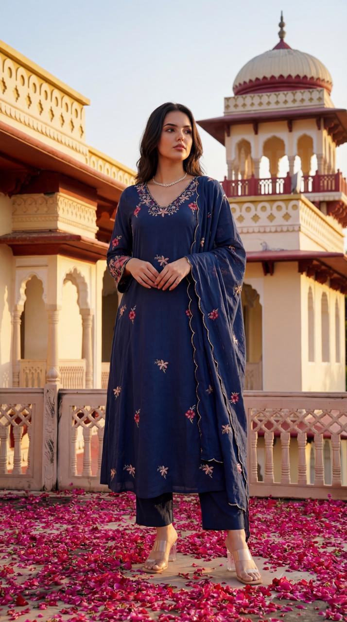 Blue embroidered pure Mul cotton lining suit set