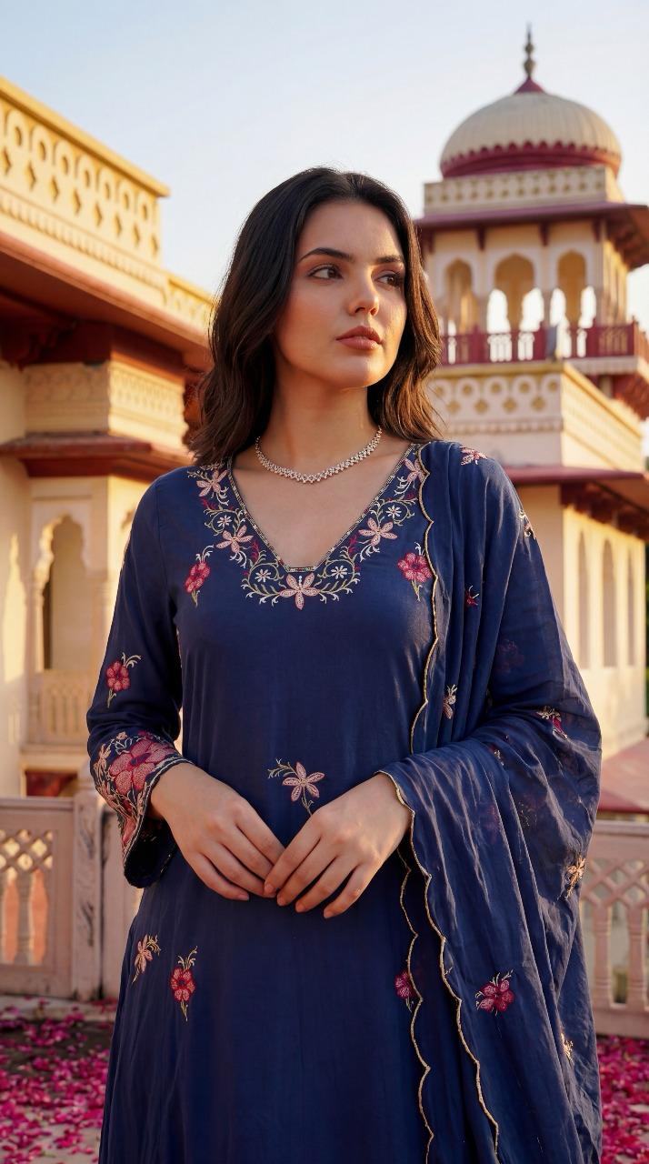 Blue embroidered pure Mul cotton lining suit set