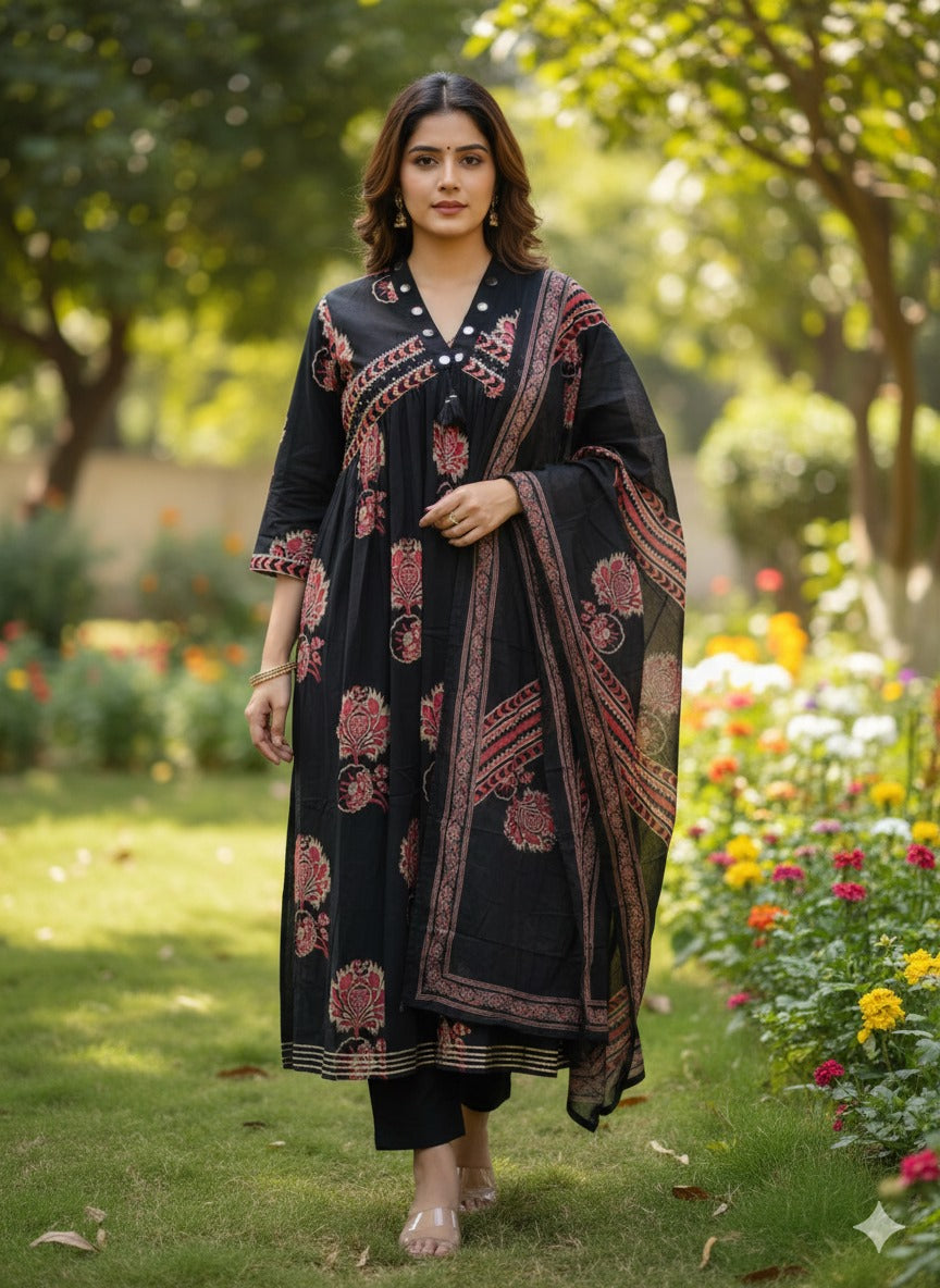 Alia cut cotton suit set in black with real mirror