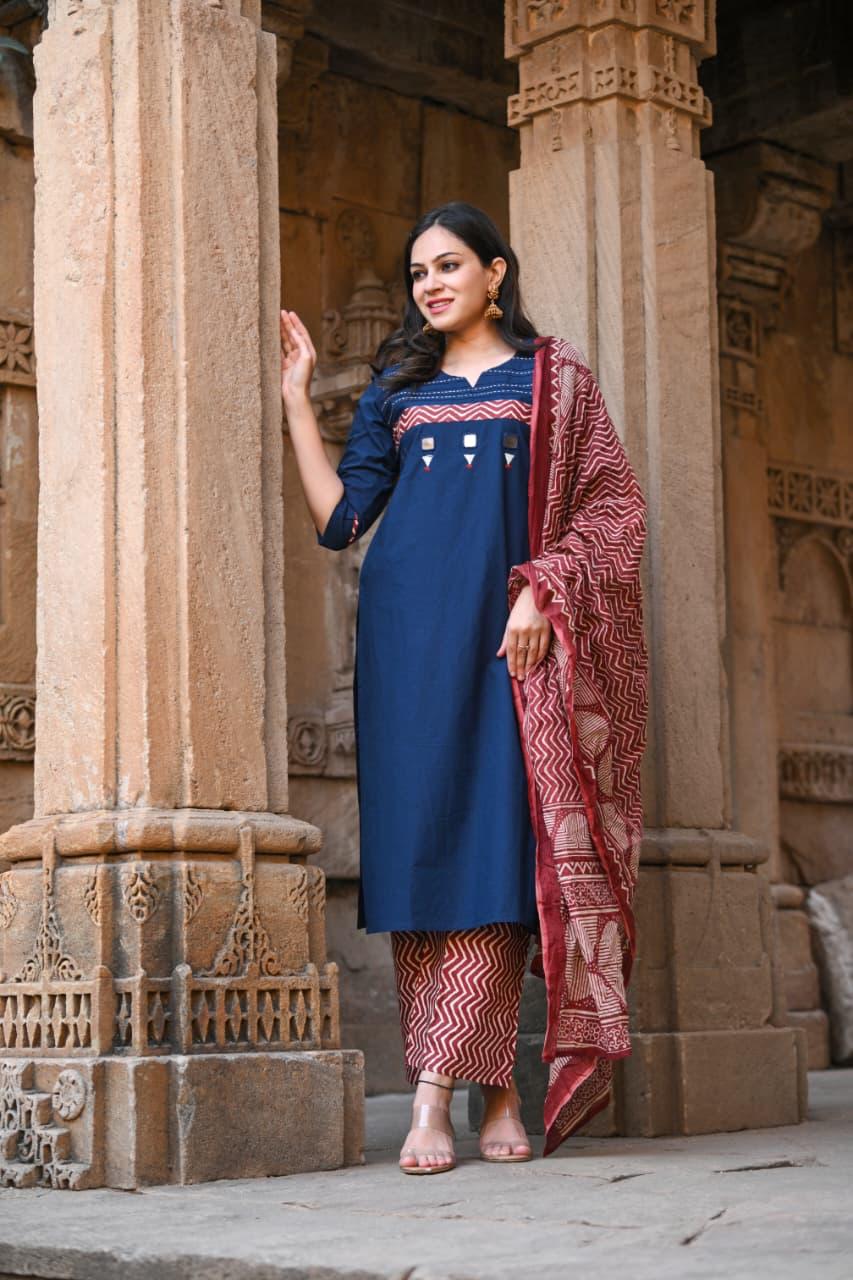Smart cotton real mirror suit set in blue