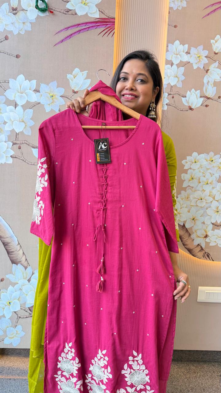 Premium mul cotton lining embroidered full suit set in pastel pink