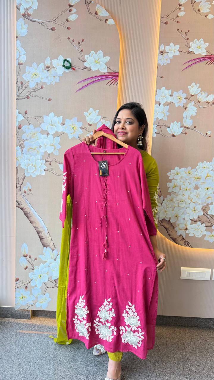 Premium mul cotton lining embroidered full suit set in pastel pink