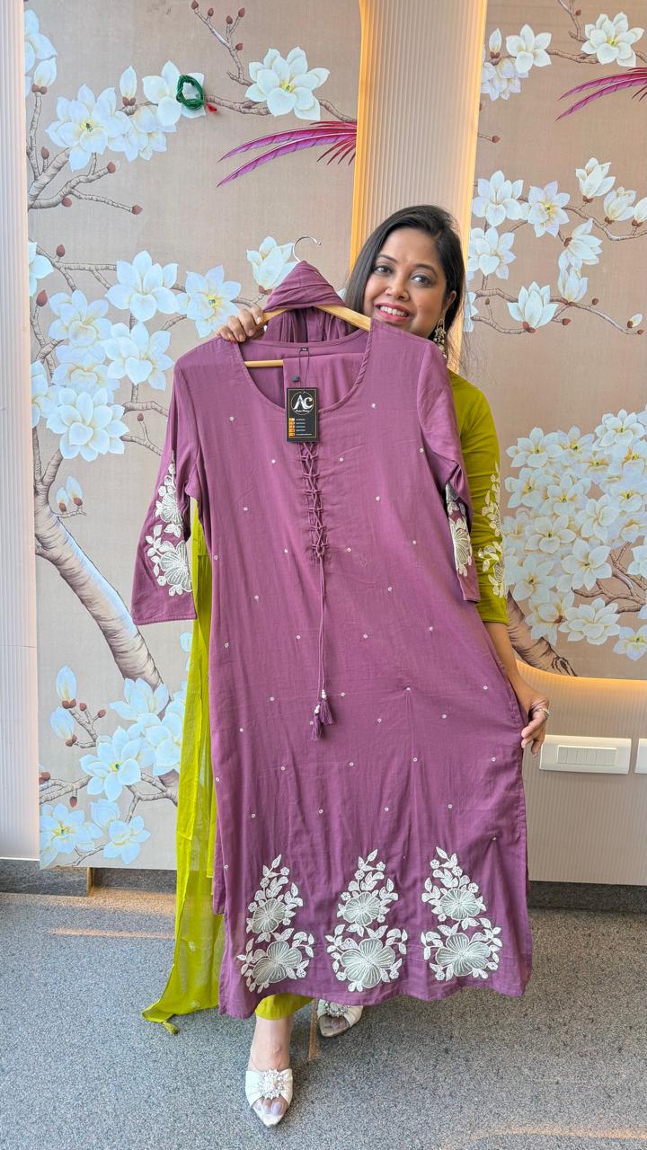 Premium mul cotton lining embroidered full suit set in pastel purple