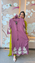 Premium mul cotton lining embroidered full suit set in pastel purple