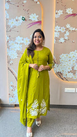 Premium mul cotton lining embroidered full suit set in green