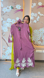 Premium mul cotton lining embroidered full suit set in pastel purple