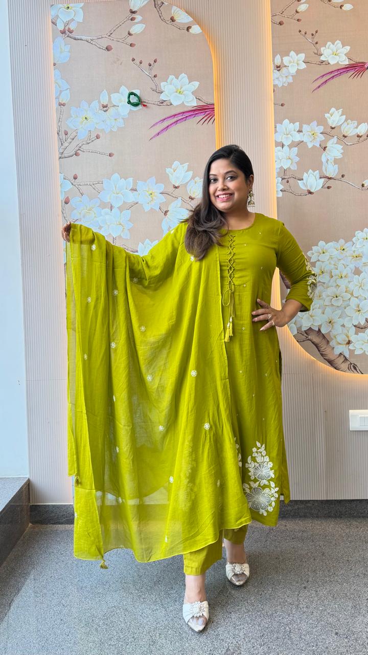 Premium mul cotton lining embroidered full suit set in green