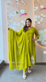 Premium mul cotton lining embroidered full suit set in green