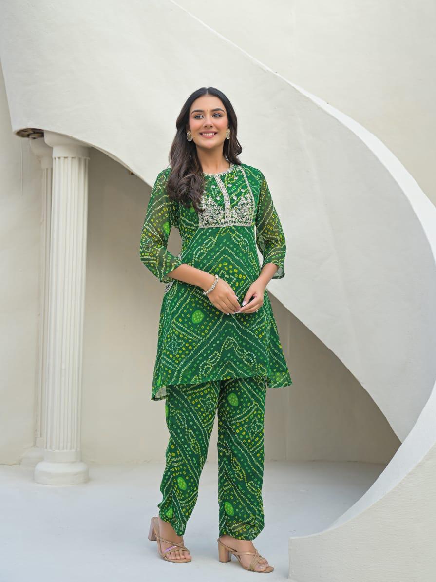Georgette designer pocket co ord set in green bandhani