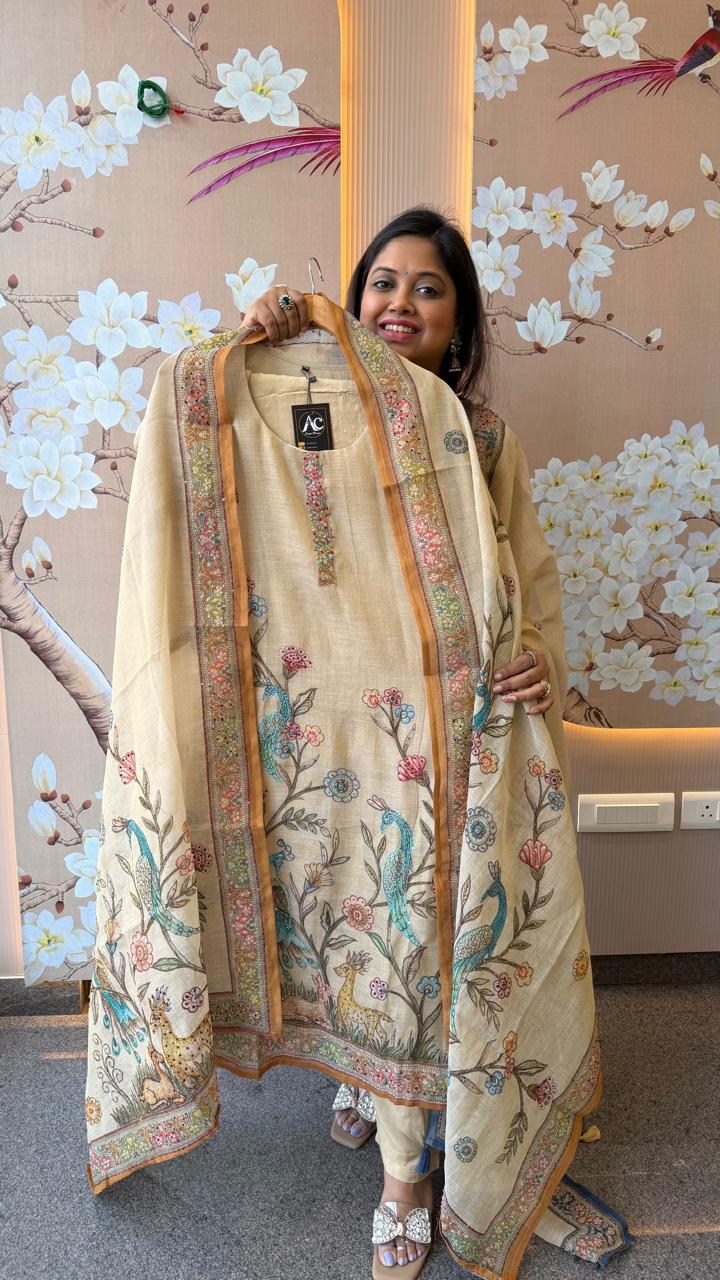 Linen chanderi githan work suit set in yellow(slim fit)