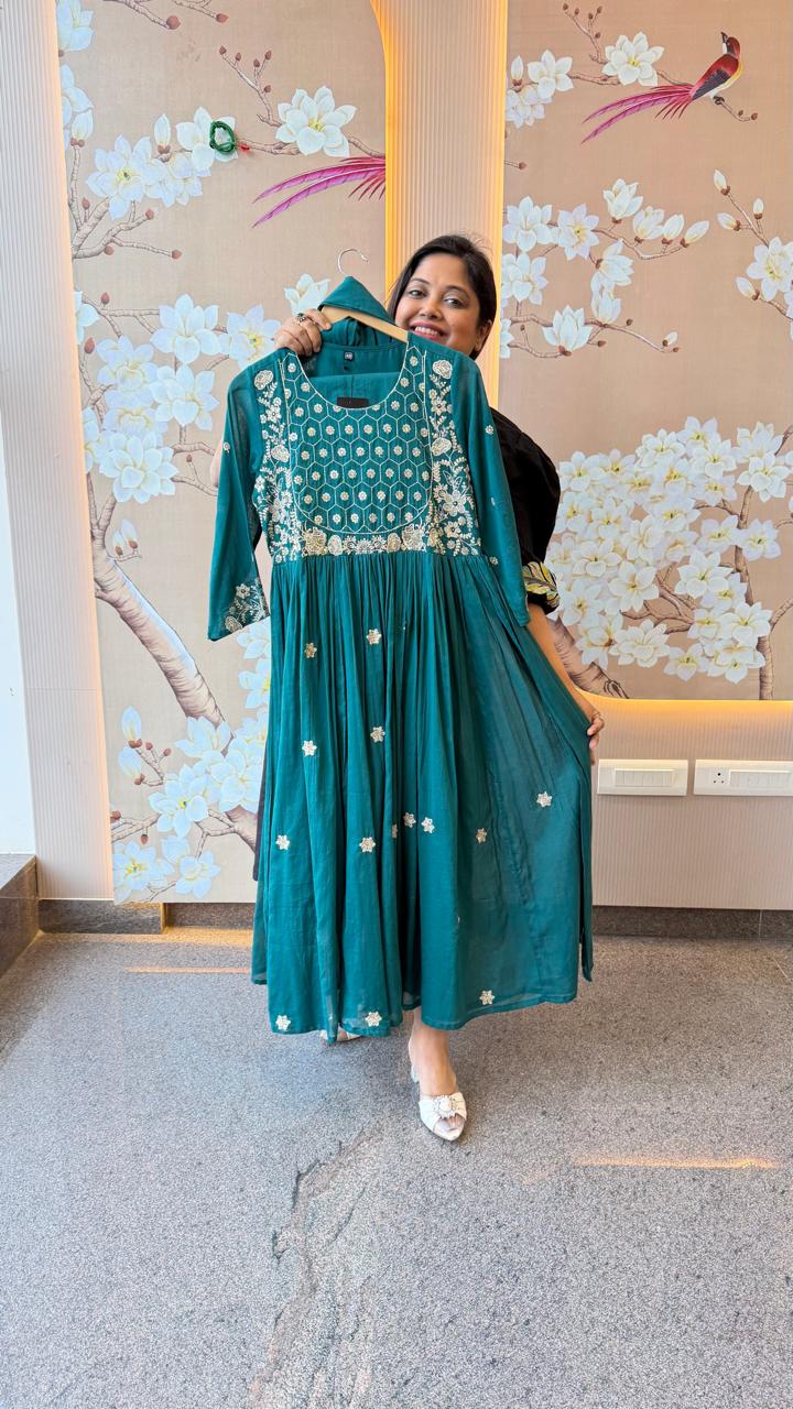 Wow zari detailing Anarkali cotton suit set in blue