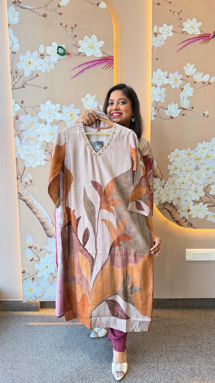 Premium modal digital printed full suit set in brown shade