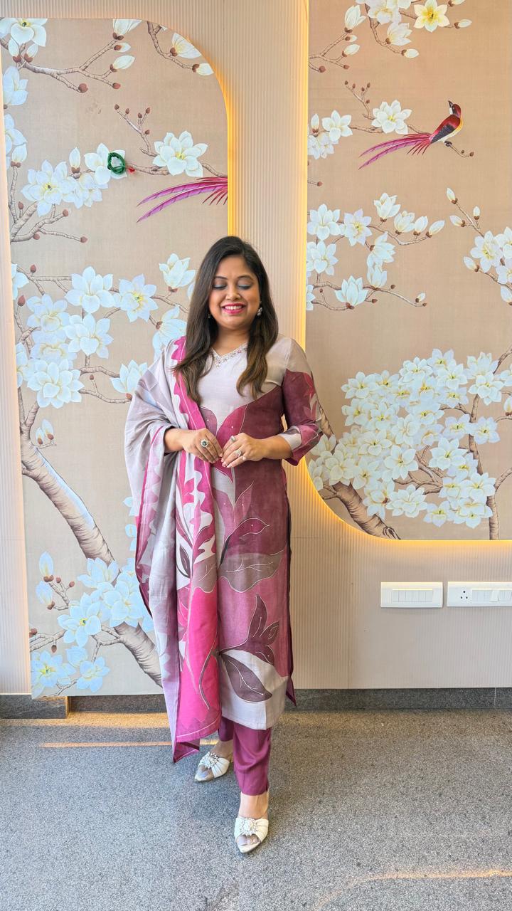 Premium modal digital printed full suit set in plum shade