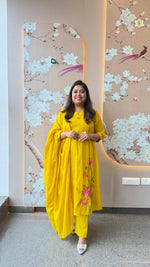 Pretty Mul cotton lining applique work full suit in yellow