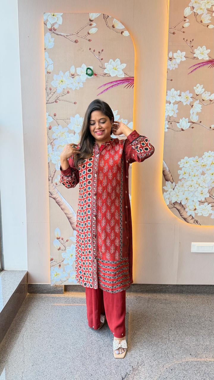Premium pure crepe ajrakh kurta pant