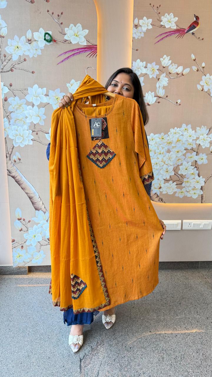 Handloom cotton fully weaved suit set paired with applique dupatta