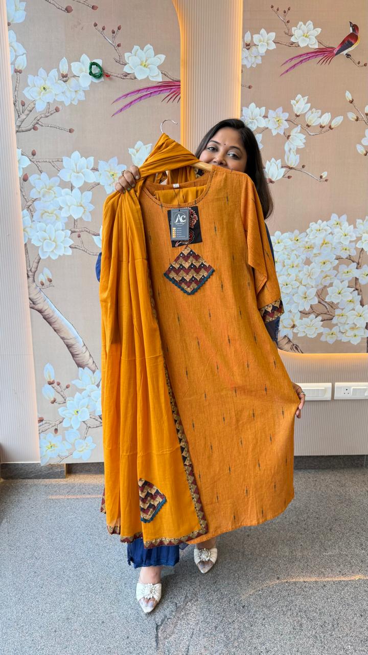 Handloom cotton fully weaved suit set paired with applique dupatta