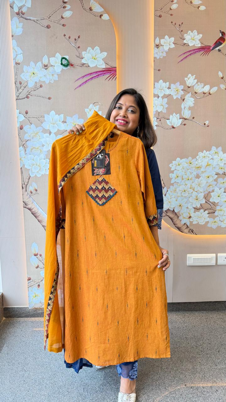 Handloom cotton fully weaved suit set paired with applique dupatta