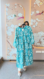 Celebrity design embroidered Mul chanderi kurta pant in blue
