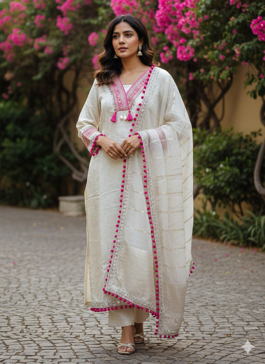 Pretty viral tissue suit set with pom pom lace detailing in ivory