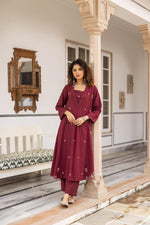 Pure cotton embroidered kurta pant in maroon