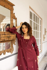 Pure cotton embroidered kurta pant in maroon